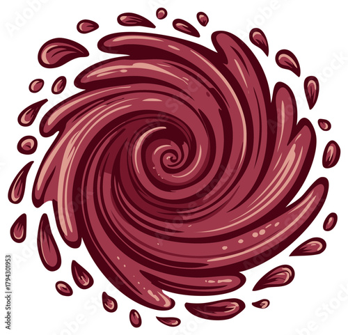 Dynamic red liquid swirl with splashing droplets abstract illustration