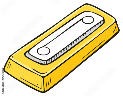 Hand-drawn illustration of a yellow and white pencil sharpener