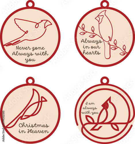 Set of floral cardinal bird round ornament SVG, family loss, remembrance memorial symbol, laser ready cut files, glowforge silhouette cricut, vector illustration
