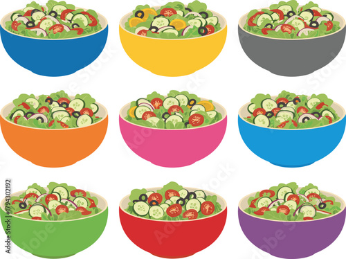 Colorful salad bowls, healthy vegetables, fresh ingredients, grid layout, vibrant food illustration, vegetarian meal, diet concept, nutrition design