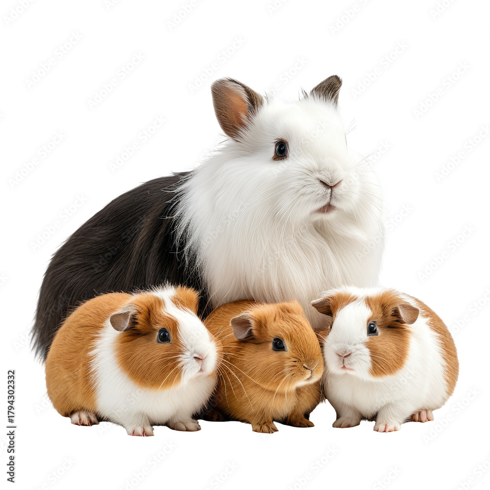 Fototapeta premium Furry friends rabbit and guinea pigs together on a dark background