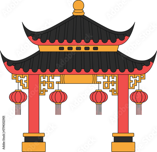 Traditional Chinese archway, red lanterns, ornate roof, cultural architecture, gold accents, temple gate, heritage design, festival decor, Asian structure, paifang