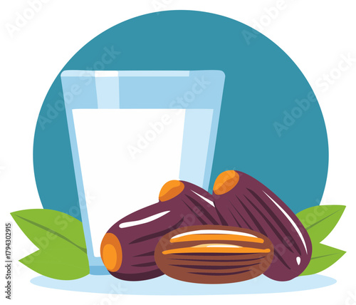 Vector illustration of dates fruit and a glass of milk for Ramadan Iftar