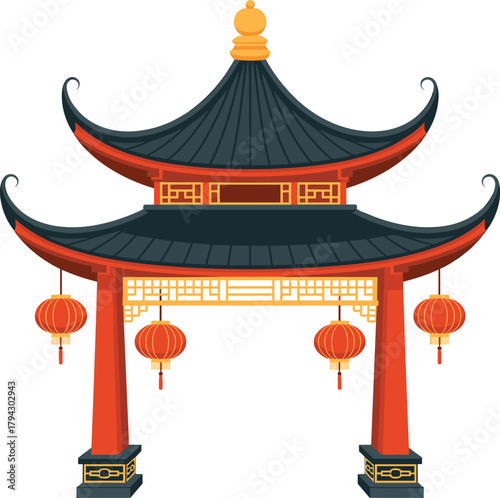 Traditional Chinese gate, red lanterns, ornate pavilion, curved roof, cultural architecture, gold accents, temple entrance, heritage design, festival decor, Asia