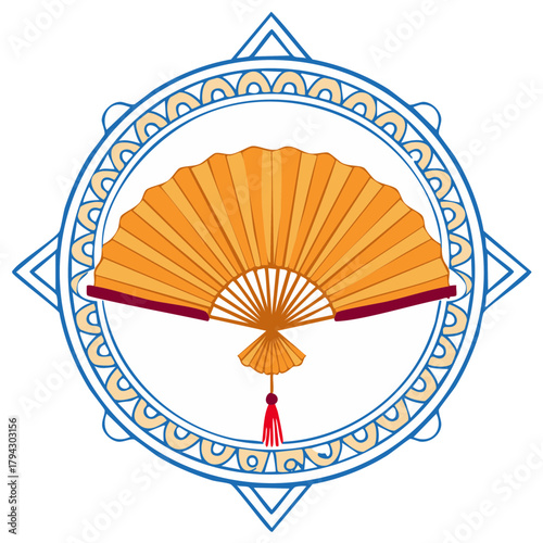 Golden traditional Asian hand fan with red tassel inside an ornate blue circular frame