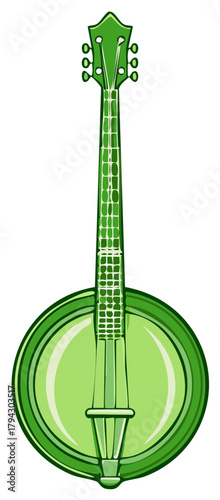 Green banjo instrument with tuning pegs and neck, stringed musical design