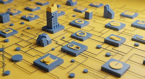 Fototapeta Naklejka Na Ścianę i Meble -  Interconnected City Network Conceptual Illustration with Buildings and Circuit Connections