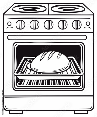 Outline illustration of a loaf of fresh bread baking inside a kitchen oven