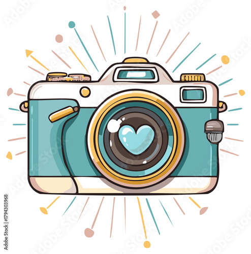 Vintage camera with heart lens reflection and colorful radiating lines