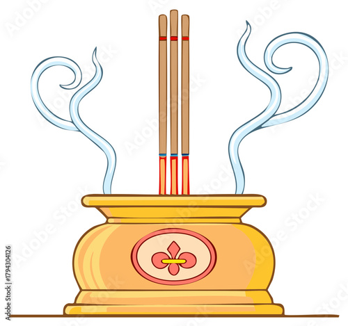 Traditional Asian incense burner with three burning joss sticks and smoke illustration