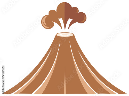 Brown stylized volcano erupting with smoke, graphic illustration of a volcanic mountain with cloud and smoke