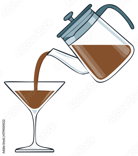 Coffee or cocktail liquid pours from a teapot into a martini glass illustration