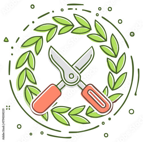Illustration of gardening pruning shears crossed within a fresh green leaf wreath symbolizing growth and care