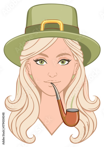 Vector illustration of a beautiful blonde woman in a green leprechaun hat smoking a pipe.
