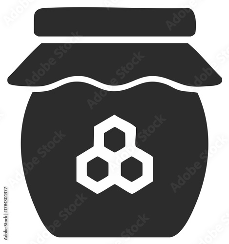 Honey Jar with Hexagonal Honeycomb Symbol on dark gray for beekeeping industry or honey production concept