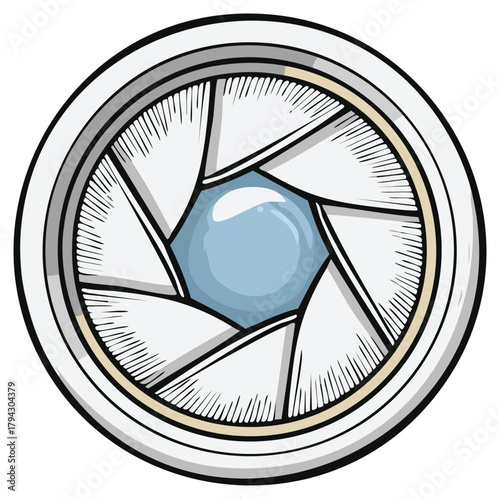 Comic style illustration of a camera lens aperture with visible shutter blades