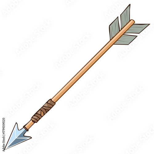 Illustration of an Arrow with Wooden Shaft, Arrowhead, and Fletching in an Isolated View