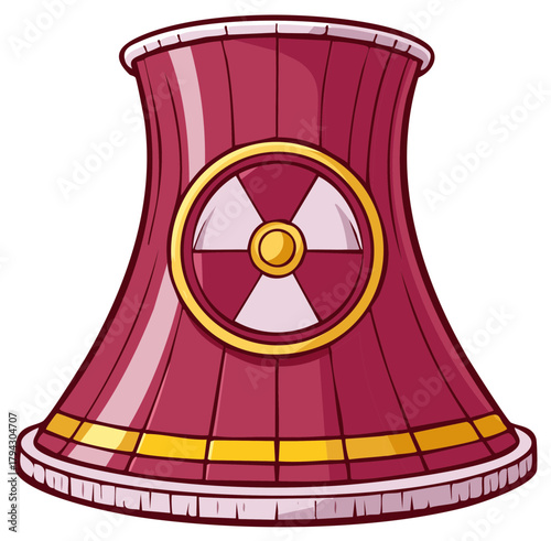 Stylized cartoon nuclear cooling tower with a large radioactive symbol