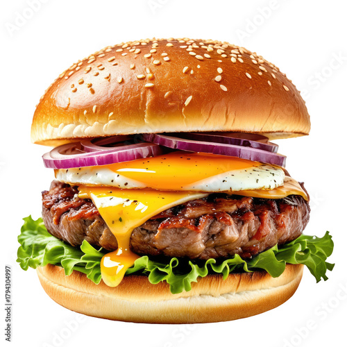 Delicious burger stacked with patty, egg, cheese, onion, lettuce