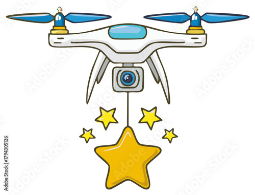 Cartoon drone with camera delivering yellow stars for awards celebration