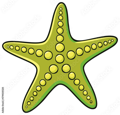 Illustration of a stylized green starfish with yellow circles on its arms