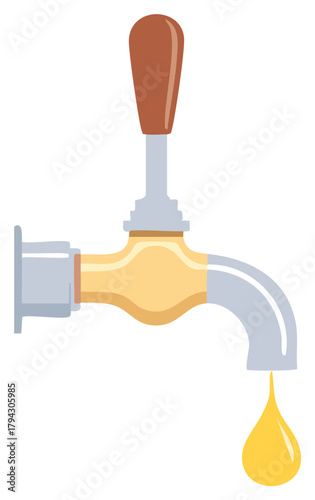Golden liquid dripping from a classic beverage dispenser tap illustration