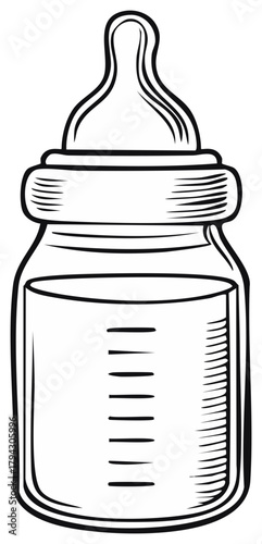 Hand drawn vector illustration of a baby nursing bottle with milk and measurement marks