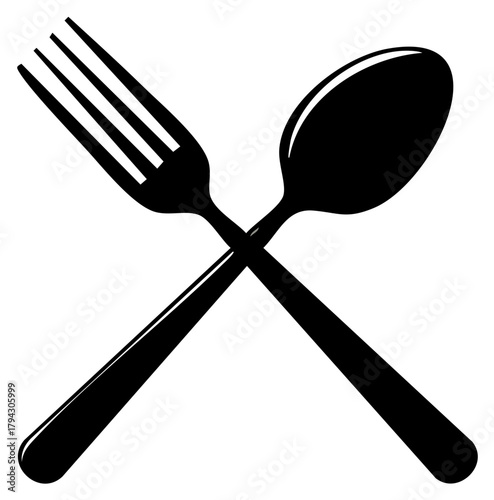 Black silhouette of crossed fork and spoon creating a symbol for dining