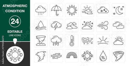 Atmospheric Conditions Line Icons Set, Weather Vector, Thin Outline Symbols, Sun, Cloud, Rain, Wind, Climate Graphics, Minimal Editable Illustration on Transparent Background
