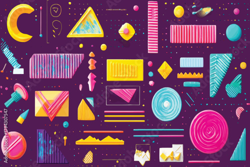 Colorful 3d geometric shapes on a dark purple background pattern design, transparent background, vector, illustration