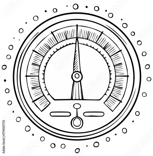Hand-drawn vector illustration of a gauge or dial with a needle pointing to a measurement, round design, circles
