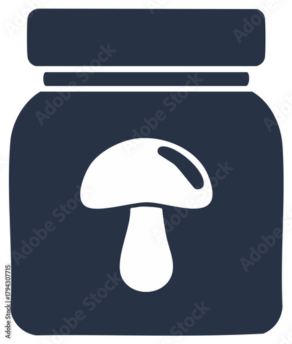 Jar of preserved mushrooms icon. Minimalist flat vector graphic of canned fungi for food and cooking.