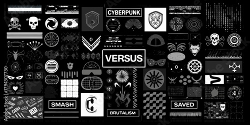 Cyberpunk brutalism collage of futuristic icons and symbols with versus and smash text