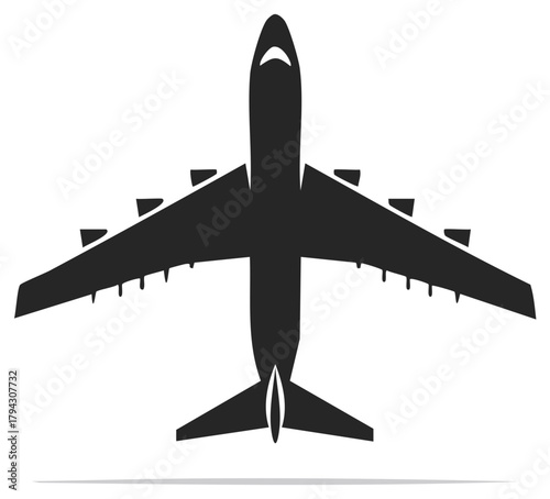 Jet airliner silhouette soaring high. A simple bold monochrome vector symbol of air travel and freight transportation.