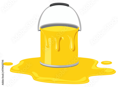Bucket of yellow paint spilling onto the surface, dripping down with a handle