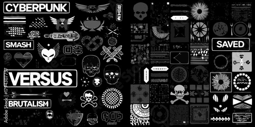 Collection of cyberpunk and brutalism inspired graphics and icons with text elements