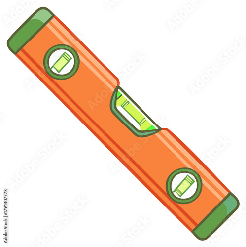 Orange spirit level tool indicating unlevel surface for construction and measurement illustration