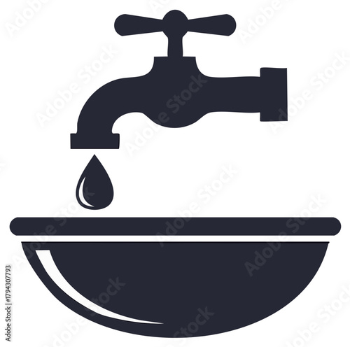 Water conservation icon of a dripping faucet and wash basin graphic