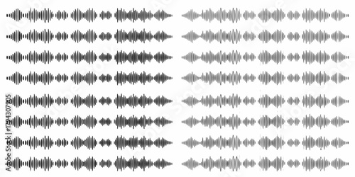 Collection of diverse black and white sound wave patterns representing audio signals and waveforms
