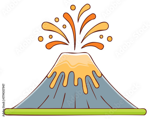 Simple cartoon illustration of an erupting volcano with hot flowing lava