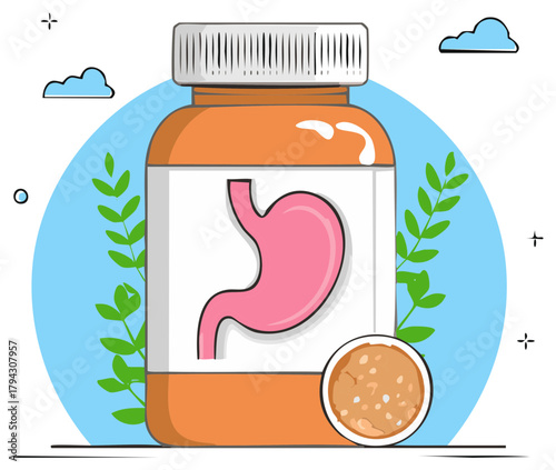 Cartoon depiction of stomach health supplement in bottle with granules and plants