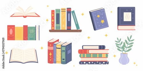 Collection of charming flat design books and a potted plant with sparkling stars on a white background