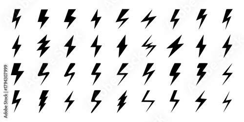 Collection of black lightning bolt icons and symbols on a white background representing energy and power