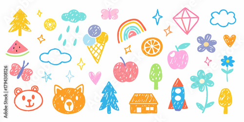 Collection of cute hand drawn colorful crayon doodles of nature elements and objects for children