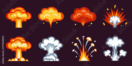 Collection of stylized cartoon explosion effects and comic book style blasts with fire and smoke