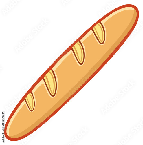 Classic golden brown French baguette bread loaf freshly baked with traditional scoring cartoon style vector