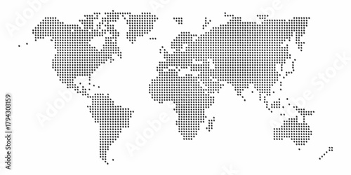 World map composed of small black dots on a clean white background