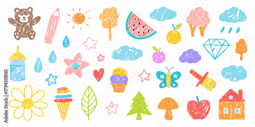 Collection of cute hand drawn crayon style illustrations for kids