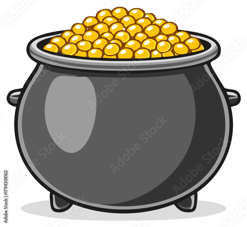 Vibrant Golden Treasure Overflowing from a Classic Black Cauldron Pot Illustration