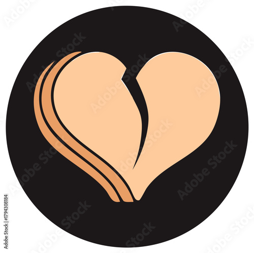 Stylized cracked peach heart icon with layered depth and black circular background